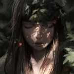  1girl bangs black_hair blunt_bangs blurry closed_eyes closed_mouth dappled_sunlight day depth_of_field face forest guweiz nature original outdoors pink_lips plant solo sunlight tree 