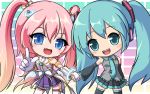  2girls angelic_buster blue_eyes blue_hair bow bowtie crossover detached_sleeves fang hatsune_miku holding_hands horns maplestory multiple_girls nekono_rin open_mouth pink_hair pleated_skirt pointing purple_skirt ribbon skirt smile thigh-highs twintails vocaloid 