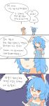  2girls :&gt; animal_ears blonde_hair blue_background blue_dress blue_hair blush comic dress ear_clip flat_cap hat highres korean misha_(hoongju) multiple_girls orange_shirt pointing rabbit_ears red_eyes ringo_(touhou) seiran_(touhou) shirt short_hair simple_background touhou translation_request white_background 