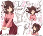  1boy 1girl :o ? admiral_(kantai_collection) blush bow brown_hair character_name drill_hair gloves hair_between_eyes hair_bow hakama harukaze_(kantai_collection) japanese_clothes kantai_collection kimono long_hair long_sleeves looking_at_viewer looking_back open_mouth pink_kimono playing_with_another&#039;s_hair red_bow red_eyes red_hakama sitting sitting_on_lap sitting_on_person spoken_question_mark suzuki_toto translation_request twin_drills twitter_username white_gloves 