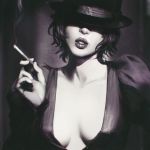  1girl breasts cigarette cleavage collarbone fedora guweiz hat head_tilt hidden_eyes highres holding holding_cigarette juliet_sleeves lips long_sleeves monochrome no_bra original parted_lips puffy_sleeves smoke solo upper_body 