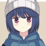  1girl bangs beanie beige_background blue_hair blue_hoodie blush closed_mouth commentary drawstring expressionless eyebrows_visible_through_hair hat hood hood_down hoodie jitome looking_at_viewer medium_hair portrait shima_rin simple_background solo violet_eyes white_headwear yurucamp zeta_(24904340) 