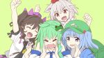  4girls animal_ears arm_up backpack bag bare_shoulders blue_eyes blue_hair bow brown_hair cellphone checkered checkered_skirt closed_eyes commentary_request detached_sleeves frog frog_hair_ornament green_hair hair_bobbles hair_bow hair_ornament hat himekaidou_hatate inubashiri_momiji kawashiro_nitori kochiya_sanae long_hair multiple_girls necktie nibi open_mouth phone pointy_ears pom_pom_(clothes) red_eyes short_hair short_sleeves silver_hair simple_background skirt snake snake_hair_ornament tokin_hat touhou twintails two_side_up white_hair wolf_ears 