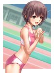  1girl bare_shoulders black_eyes black_hair blush commentary_request crop_top flat_chest highres idolmaster idolmaster_cinderella_girls interlocked_fingers midriff navel nekopuchi open_mouth otokura_yuuki short_hair smile solo sports_bikini track track_and_field 