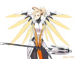  1girl absurdres artist_name blonde_hair bodysuit breasts cowboy_shot high_ponytail highres holding long_hair looking_away mechanical_halo mechanical_wings mercy_(overwatch) overwatch pantyhose ponytail short_hair simple_background solo staff wings yellow_background yellow_eyes 