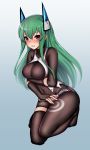  1girl absurdres bangs black_gloves black_legwear blue_background blush bodysuit borrowed_character breast_hold breasts covered_navel covering embarrassed fingerless_gloves framed_breasts full_body gloves gradient gradient_background green_hair hair_between_eyes hakuduki18 headgear highres kneeling large_breasts long_hair menou_kaname open_mouth original shorts single_thighhigh solo thigh-highs two-tone_background vest violet_eyes white_shorts 