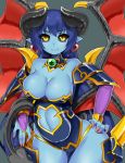  1girl astaroth_(shinrabanshou) black_sclera blue_hair blue_skin breasts cleavage commentary_request demon_girl demon_horns demon_tail demon_wings earrings hand_on_hip heart heart_earrings highres horns jewelry large_breasts long_hair looking_at_viewer midriff mikusu navel pointy_ears shinrabanshou smile solo tail thigh-highs wings yellow_eyes 