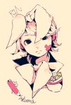  1girl 3kuma artist_name bandaid bandaid_on_face bangs beige_background black_eyes bow character_name closed_mouth frown hair_bow hair_ornament hairclip head_tilt headphones kagamine_rin looking_at_viewer no_pupils pencil portrait short_hair signature sketch solo spot_color swept_bangs vocaloid writing 