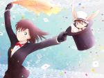  1boy 1girl arya_(tianhua) bird black_gloves blue_eyes brown_hair formal gloves hat kuroba_kaitou magic_kaito nakamori_aoko short_hair smile suit 