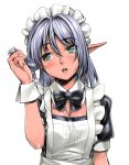  1girl :o black_bow black_bowtie blush bow bowtie breasts cleavage detached_collar eyebrows eyebrows_visible_through_hair green_eyes h_kasei hair_between_eyes hair_intakes hair_twirling headdress looking_at_viewer looking_away maid maid_headdress open_mouth original pointy_ears purple_hair simple_background solo tan upper_body white_background wrist_cuffs 