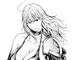  1girl asymmetrical_clothes bikini breasts collarbone greyscale kurofudo large_breasts lips long_hair looking_to_the_side monochrome pauldrons solo swimsuit 
