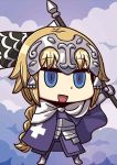  1girl :d april_fools armor blonde_hair blue_eyes chibi fate/apocrypha fate/grand_order fate_(series) flag headpiece open_mouth riyo_(lyomsnpmp) ruler_(fate/apocrypha) smile 