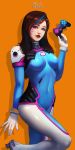  1girl blue_eyes bodysuit brown_hair controller d.va_(overwatch) dualshock facial_mark game_controller gamepad highres long_hair overwatch solo superschool48 