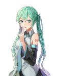  1girl aqua_eyes bare_shoulders detached_sleeves green_hair hatsune_miku highres limobok long_hair looking_at_viewer looking_away nail_polish necktie open_mouth pleated_skirt simple_background skirt solo ssh tie_clip twintails vocaloid white_background 