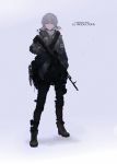  1girl assault_rifle blue_eyes boots character_sheet combat_boots full_body grey_hair gun highres laser_sight mivit original rifle scope short_hair simple_background sling solo tom_clancy&#039;s_the_division weapon 