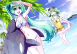  2girls 54hao arm_up bikini closed_eyes clouds dutch_angle green_eyes green_hair gumi hatsune_miku highres innertube long_hair multiple_girls navel one-piece_swimsuit open_mouth sky swimsuit thigh_gap twintails very_long_hair vocaloid wading water 