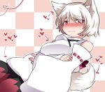  1girl animal_ears bare_shoulders breasts checkered checkered_background commentary_request detached_sleeves hammer_(sunset_beach) heart heart_of_string inubashiri_momiji looking_at_viewer no_hat red_eyes short_hair solo tail touhou white_hair wide_sleeves wolf_ears wolf_tail 