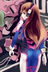  1girl ass bodysuit brown_eyes brown_hair cai_yuan collar cowboy_shot d.va_(overwatch) facial_mark from_behind gloves headphones highres long_hair looking_back mecha overwatch pilot_suit solo white_gloves 