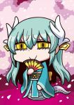  1girl april_fools cherry_blossoms chibi empty_eyes fan fate/grand_order fate_(series) green_hair japanese_clothes kimono kiyohime_(fate/grand_order) lamia long_hair monster_girl riyo_(lyomsnpmp) smile snake_tail yellow_eyes 