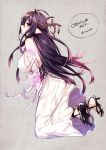  1girl antenna_hair arisaka_ako bandaged_arm bandages bare_shoulders bent_knees black_shoes breasts crescent danua dress full_body granblue_fantasy hair_between_eyes horn_ornament horns large_breasts long_hair looking_at_viewer pointy_ears profile promotional_art purple_hair red_eyes shoes sideboob sleeveless solo white_dress 