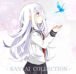  1girl bird black_skirt blue_eyes blush copyright_name cowboy_shot hibiki_(kantai_collection) kantai_collection long_hair long_sleeves neckerchief no_hat pleated_skirt profile school_uniform serafuku shijima_(sjmr02) silver_hair skirt solo twitter_username 