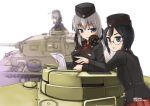  3girls artist_name backlighting black_hair blurry dated depth_of_field garrison_cap girls_und_panzer glasses green_eyes hat headphones headphones_around_neck headset highres itsumi_erika long_hair looking_at_another looking_to_the_side map military military_vehicle multiple_girls panzerkampfwagen_iii pointing short_hair signature silver_hair simple_background tank tokihama_jirou uniform vehicle white_background 