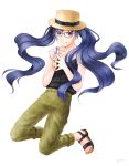  1girl blue_eyes blue_hair collarbone fingers_together glasses hands_together hat long_hair nail_polish original own_hands_together pants sandals simple_background smile solo toenail_polish tsubu_(panda) twintails very_long_hair white_background 