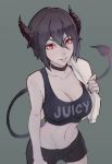  1girl black_hair black_nails breasts cleavage collar collarbone demon_girl demon_horns demon_tail highres horns large_breasts lips looking_at_viewer nail_polish original parted_lips red_eyes short_hair short_shorts shorts simple_background smile solo sweat tail tank_top towel unsomnus 