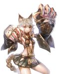  1girl :d animal_ears blush bow_(bhp) braid breasts claw_(weapon) claws collar fangs granblue_fantasy hair_between_eyes long_hair looking_at_viewer open_mouth orange_eyes paws pleated_skirt sen_(granblue_fantasy) sideboob silver_hair simple_background single_braid skirt smile solo weapon white_background 