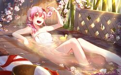  1girl ;d ahoge animal arm_up bamboo bathing bathtub blush cherry_blossoms clothes_removed fish hair_between_eyes heart heart_in_mouth holding legs_up light_rays naked_towel one_eye_closed open_mouth partially_submerged phino pink_hair plant railing red_eyes round_teeth rubber_duck sandals sergestid_shrimp_in_tungkang short_hair smile solo teeth towel water xuan_ying 