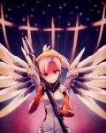  1girl blonde_hair blue_eyes bodysuit breasts high_ponytail holding long_hair looking_at_viewer makaroll mechanical_halo mechanical_wings mercy_(overwatch) overwatch ponytail short_hair solo staff wings 
