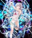  1girl arm_up armpits bangs bare_shoulders blade breasts covered_navel eyebrows eyebrows_visible_through_hair glowing grey_eyes hair_between_eyes hair_ornament kuroi lightning long_hair looking_at_viewer mecha_musume multicolored_eyes neckerchief official_art one-piece_swimsuit original sailor_collar school_swimsuit senjou_no_electro_girl short_sleeves sideboob silver_hair sleeveless solo sparkle standing standing_on_one_leg swimsuit white_school_swimsuit white_swimsuit 