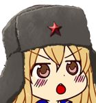  :o artist_request black_hat blonde_hair blush blush_stickers brown_eyes brown_hair character_request chibi copyright_request eyebrows eyebrows_visible_through_hair eyelashes fur_hat gyate_gyate hat kakarda lowres meme red_star russian_clothes solo source_request tagme tooth ushanka 