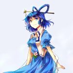  1girl blue_dress blue_eyes blue_hair cowboy_shot dress drill_hair flower hair_ornament hair_rings hair_stick kaku_seiga kutsuki_kai leaf looking_at_viewer sash shaded_face shawl smile solo touhou transparent_background twin_drills vest 