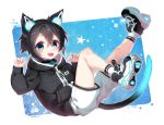  1boy android animal_ears artist_name black_hair blue_eyes cat_ears catboy collar commentary_request fangs hood hoodie looking_at_viewer male_focus nabenko neon_trim open_mouth original robot_ears shoes shorts smile solo tail 
