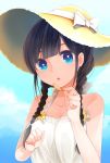  1girl bare_shoulders black_hair blue_eyes braid collarbone dress hat hat_ribbon highres long_hair maingl petals ribbon sky sleeveless sleeveless_dress solo straw_hat sun_hat sundress twin_braids white_dress 