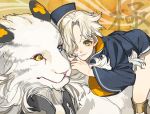  1boy blue_eyes gokotai gokotai&#039;s_tigers hair_over_one_eye hat heterochromia kiwame_(touken_ranbu) male_focus sando_(310_sand) shorts slit_pupils smile tiger touken_ranbu white_hair white_tiger yellow_eyes 