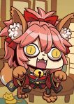  1girl :3 animal_ears april_fools bell caster_(fate/extra) chibi crazy_eyes fangs fate/extra fate/grand_order fate_(series) fox_ears fox_tail hair_ribbon japanese_clothes kimono pink_hair ribbon riyo_(lyomsnpmp) tail tamamo_cat_(fate/grand_order) yellow_eyes 