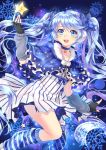  1girl blue_eyes blue_hair choker earmuffs fingerless_gloves fuyu_no_yoru_miku gloves hatsune_miku long_hair open_mouth single_thighhigh snowflakes solo star striped striped_legwear thigh-highs twintails very_long_hair villyane vocaloid 