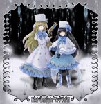  2girls bangs black_boots black_gloves black_hair blank blank_eyes blonde_hair blue_boots blue_bow blue_dress blue_eyes blunt_bangs boots bow capelet copyright_name cross-laced_footwear dress expressionless frame frilled_dress frills full_body fur_hat gem gloves gun hat high_heel_boots high_heels holding holding_weapon ice juliet_sleeves kuroi lace-up_boots long_hair long_sleeves looking_at_viewer multiple_girls original pantyhose pixiv_fantasia pixiv_fantasia_new_world puffy_sleeves snow weapon yellow_eyes 