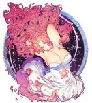  1girl armpits arms_behind_head arms_up breasts cleavage closed_eyes constellation curly_hair dress gem highres large_breasts long_hair navel_cutout parted_lips petals pigeon666 pink_hair rose_quartz_universe solo sparkle star_(sky) steven_universe upper_body very_long_hair white_dress 