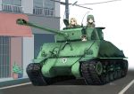  3girls arm_support artist_name blonde_hair blue_eyes brown_eyes brown_hair city dated girls_und_panzer goggles hatch highres kay_(girls_und_panzer) long_hair m4_sherman military military_uniform military_vehicle multiple_girls plant potted_plant power_lines road signature smile street tank telephone_pole tokihama_jirou uniform vehicle 