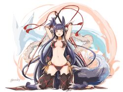  1girl animal_ears armpits arms_behind_head arms_up bell breasts fox_ears fox_tail gloves granblue_fantasy hair_bell hair_ornament kneeling long_hair midriff navel nosuku one_eye_closed open_mouth purple_hair red_eyes solo stomach tail thigh-highs twitter_username very_long_hair yuel_(granblue_fantasy) 