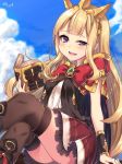  1girl arm_support black_legwear blonde_hair blush book bow cagliostro_(granblue_fantasy) cape clouds crossed_legs crown granblue_fantasy highres holding holding_book jiiwara long_hair looking_at_viewer open_book open_mouth red_bow sitting skirt sky solo squinting thigh-highs twitter_username very_long_hair violet_eyes 