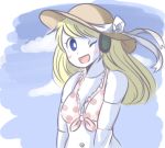  :d blonde_hair blush curly_brace doukutsu_monogatari hat hat_ribbon long_hair looking_at_viewer maditsu mechanical_arms one_eye_closed open_mouth ribbon robot sky smile swimsuit 