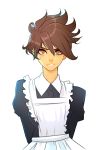  1girl brown_eyes brown_hair earrings freckles highres jewelry looking_at_viewer maid overwatch short_hair simple_background solo superboin tracer_(overwatch) white_background 