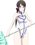  1girl aquarion_(series) aquarion_evol black_hair casual_one-piece_swimsuit glasses holding long_hair mix_(aquarion) one-piece_swimsuit ponytail ribonzu simple_background solo swimsuit violet_eyes white_background 