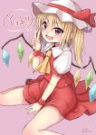  &gt;:d 1girl :d arm_support ascot b.c between_legs blonde_hair crystal dress english eyebrows eyebrows_visible_through_hair fang flandre_scarlet hair_between_eyes hand_between_legs highres looking_at_viewer open_mouth puffy_sleeves red_dress red_eyes shirt simple_background sitting smile touhou v white_shirt wings 