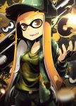  1girl camouflage camouflage_hat domino_mask fangs hat inkling mask orange_eyes orange_hair paint paint_splatter pants pointy_ears splatoon squid super_soaker tentacle_hair tom_(drpow) trigger_discipline 