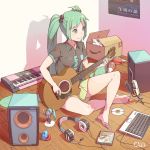  1girl acoustic_guitar animal artist_name bare_legs barefoot black_shirt box cable cardboard_box cat cd cloba_(daeniel811015) closed_mouth collared_shirt computer copyright_name cover cube figure full_body green_eyes green_hair green_skirt guitar hatsune_miku headphones headphones_removed in_box in_container indian_style indoors instrument keyboard_(instrument) laptop microphone miniskirt peeking peeking_out plaid playing_instrument poster_(object) rattle shirt short_sleeves sitting skirt smile solo speaker spread_legs vocaloid whiskers wing_collar wooden_floor 
